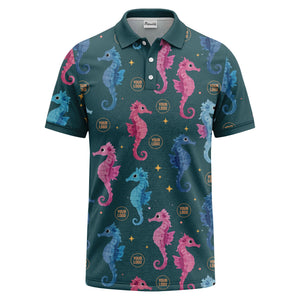 watercolor seahorse repeat marine life polo shirt in pink blue