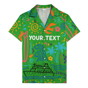 cartoon cruise ship palm trees surfboards wave hawaiian shirt