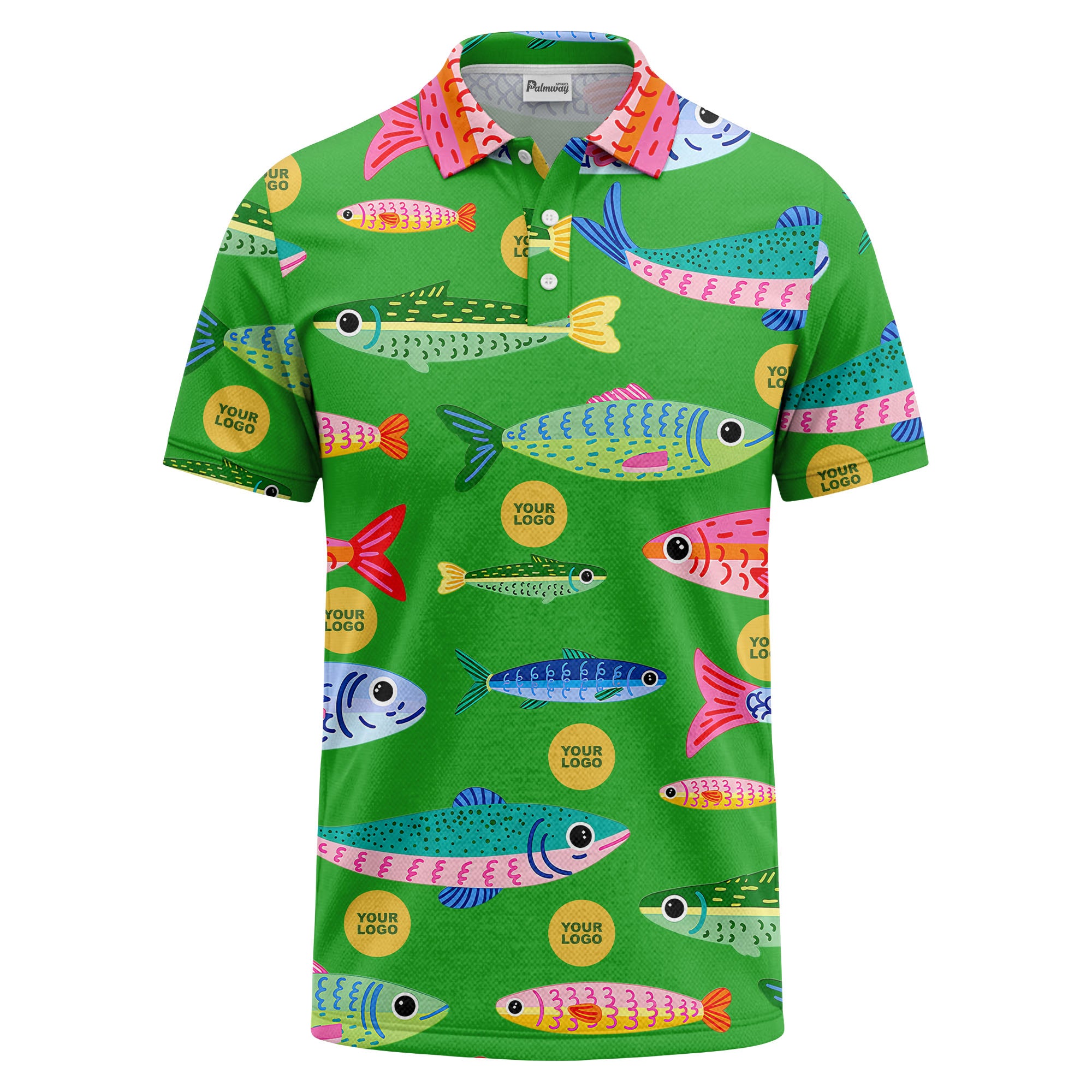 colorful cartoon fish & custom logo repeat all-over print polo shirt