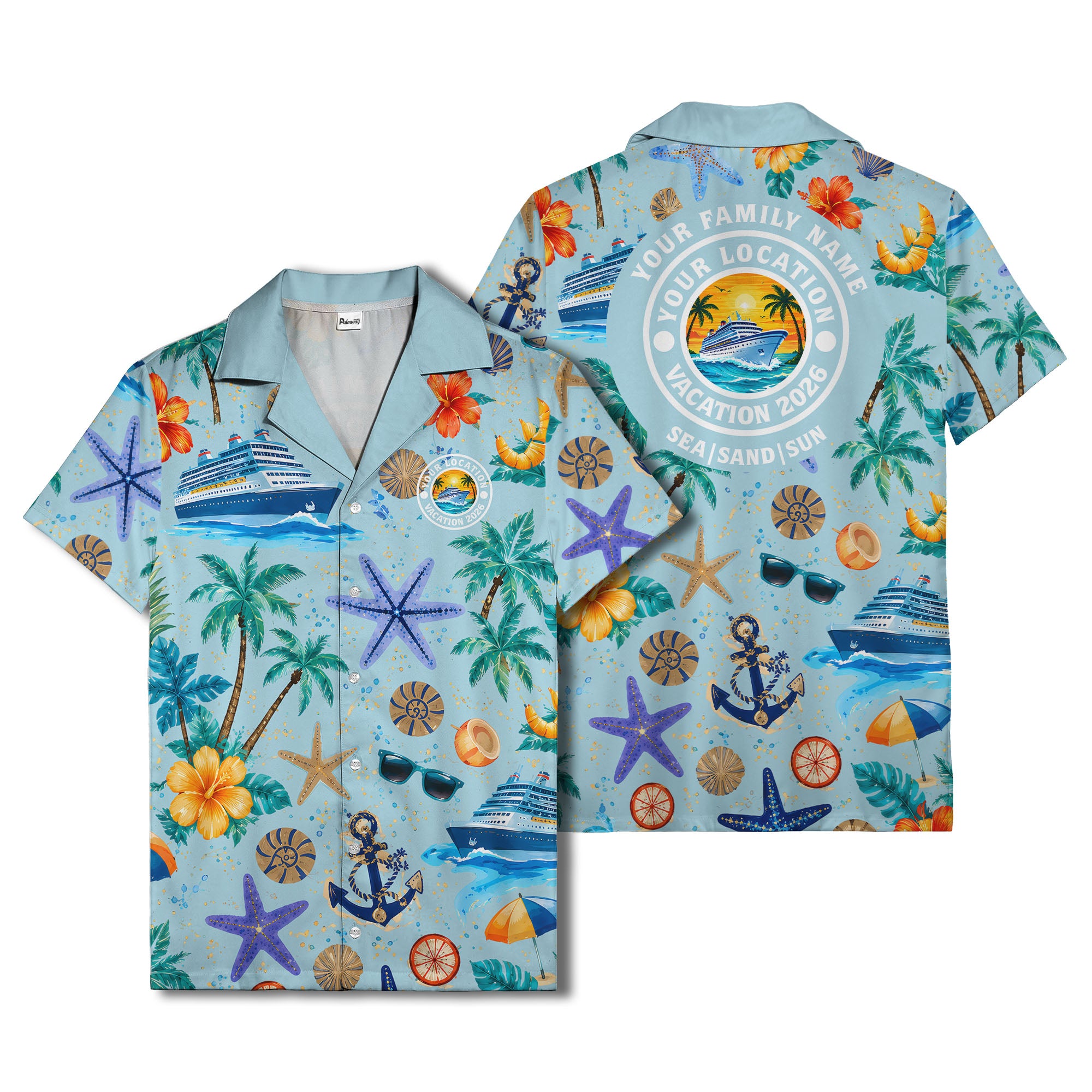 cruise ship palm trees starfish watercolor hawaiian shirt