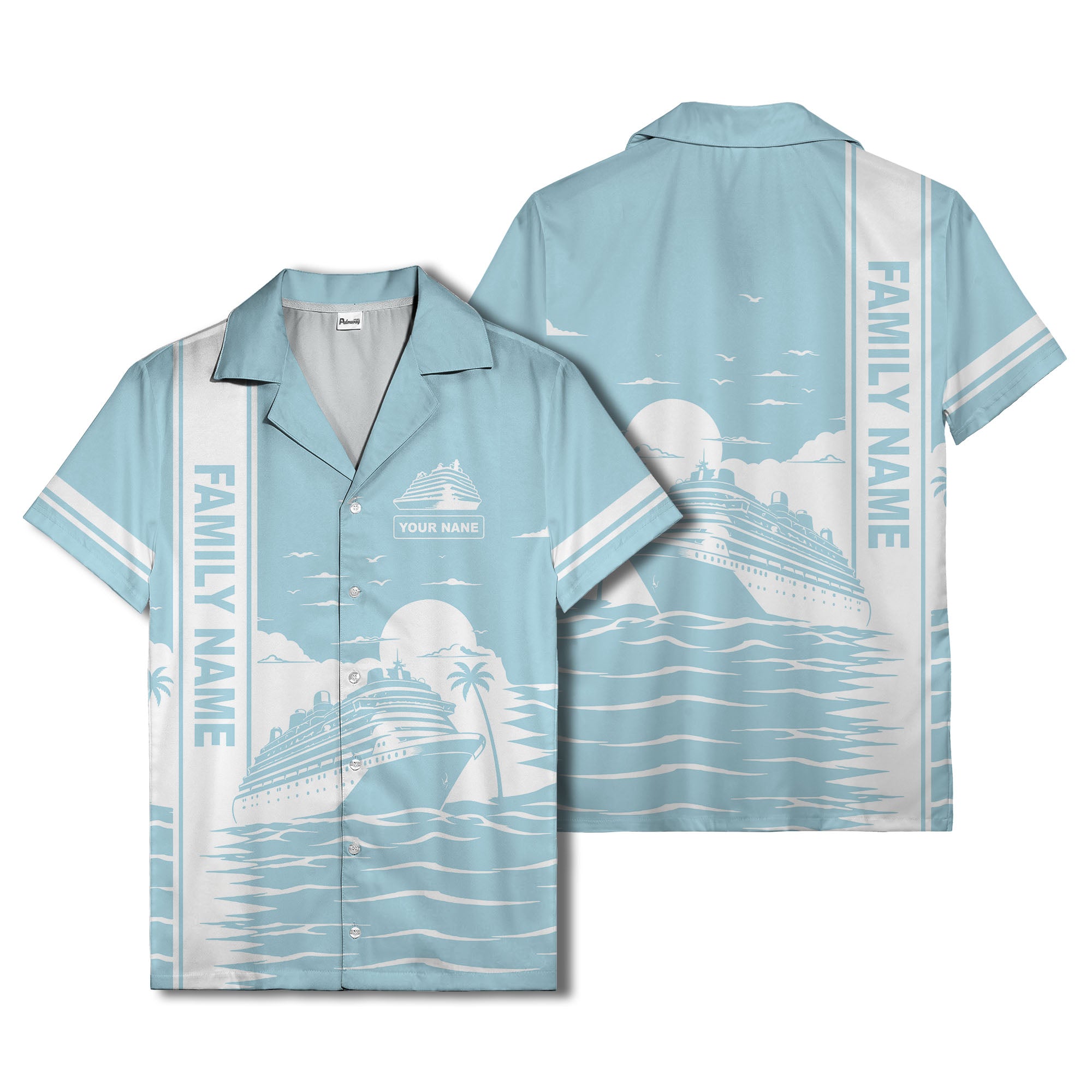 cruise ship silhouette sunset palm trees hawaiian shirt