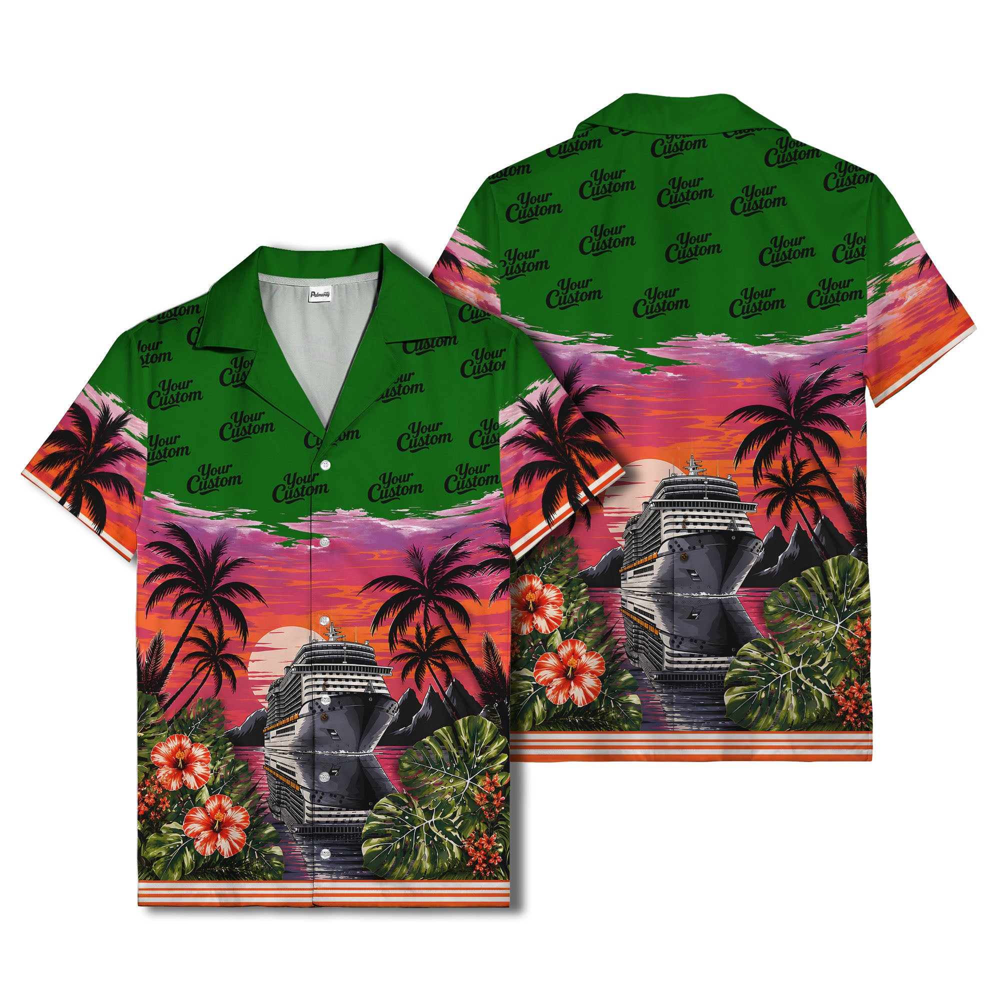 cruise ship sunset palm trees hibiscus flowers hawaiian shirt for men