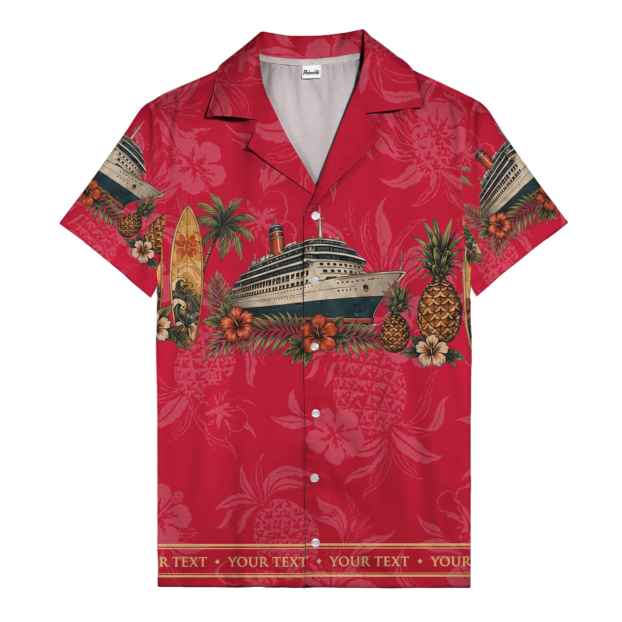 cruise ship surfboard pineapple palm hibiscus hawaiian shirt