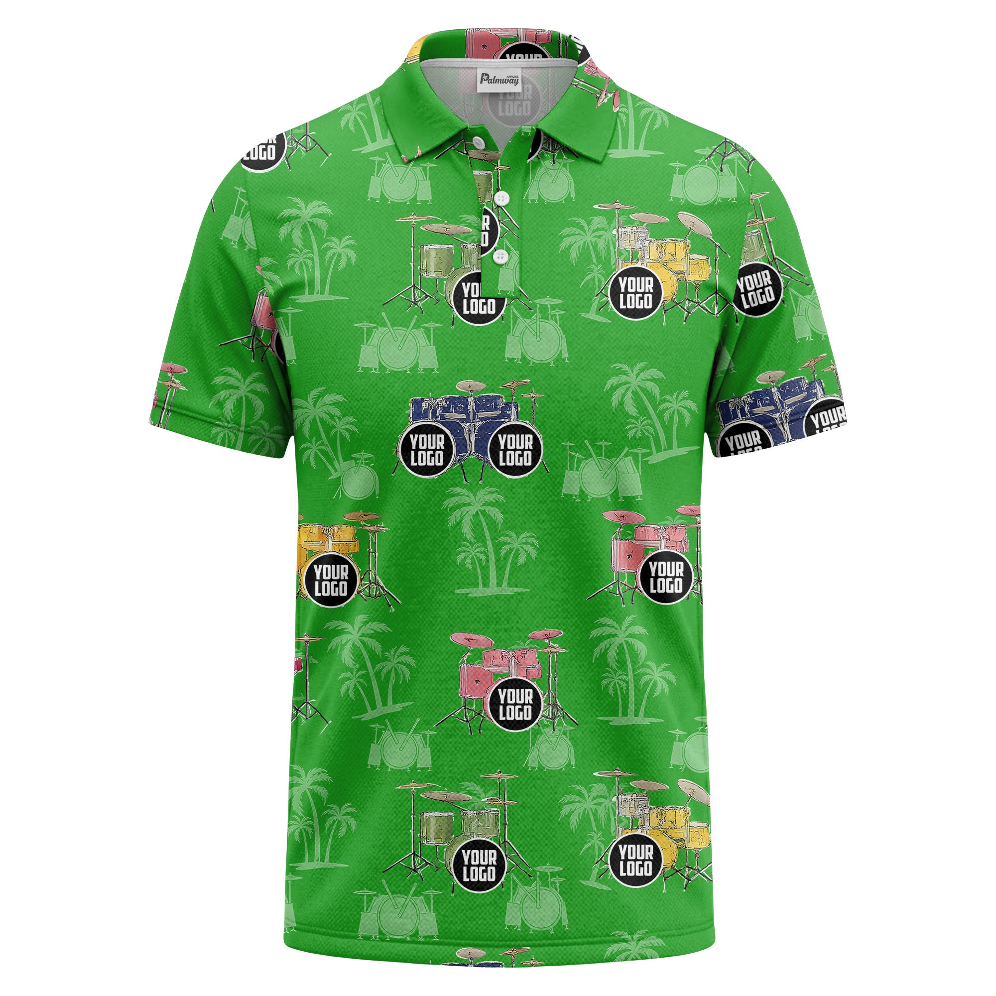 drum kit & palm tree repeat rock band polo shirt for men