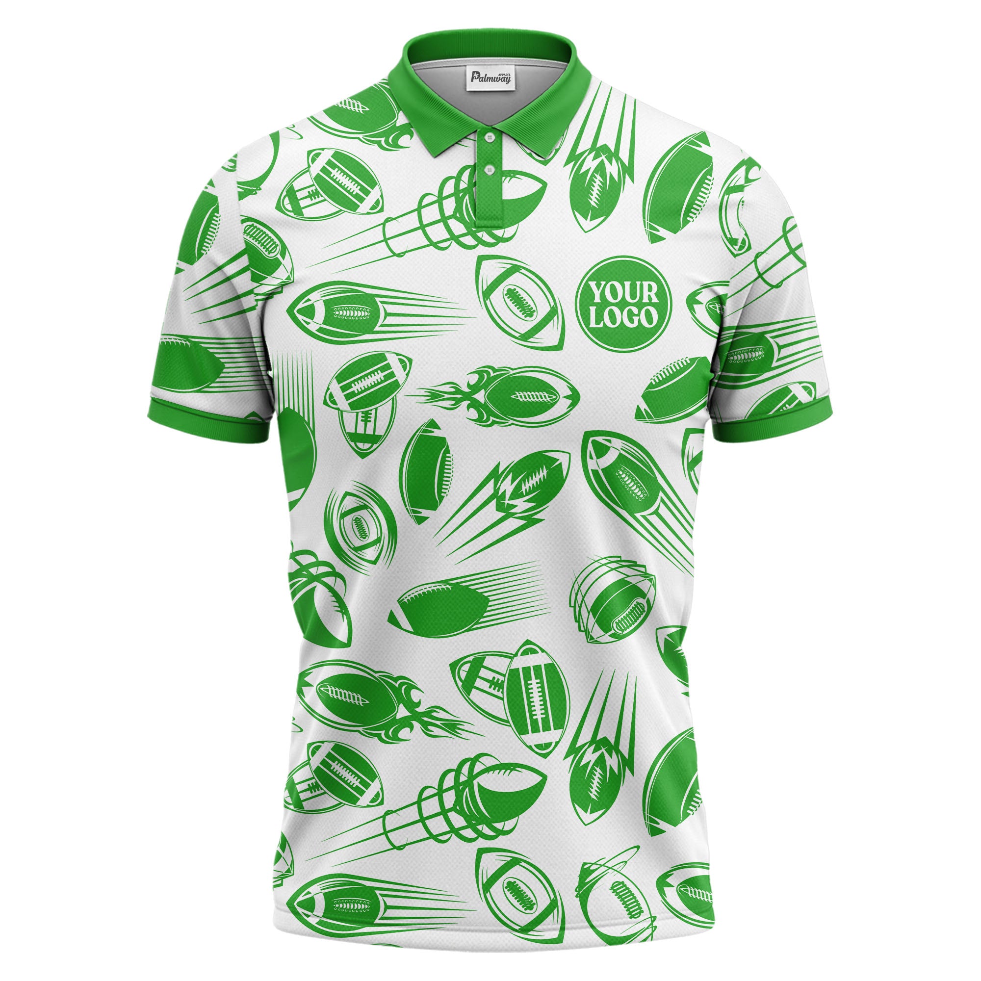 dynamic footballs & speed lines graphic black white sports polo shirt