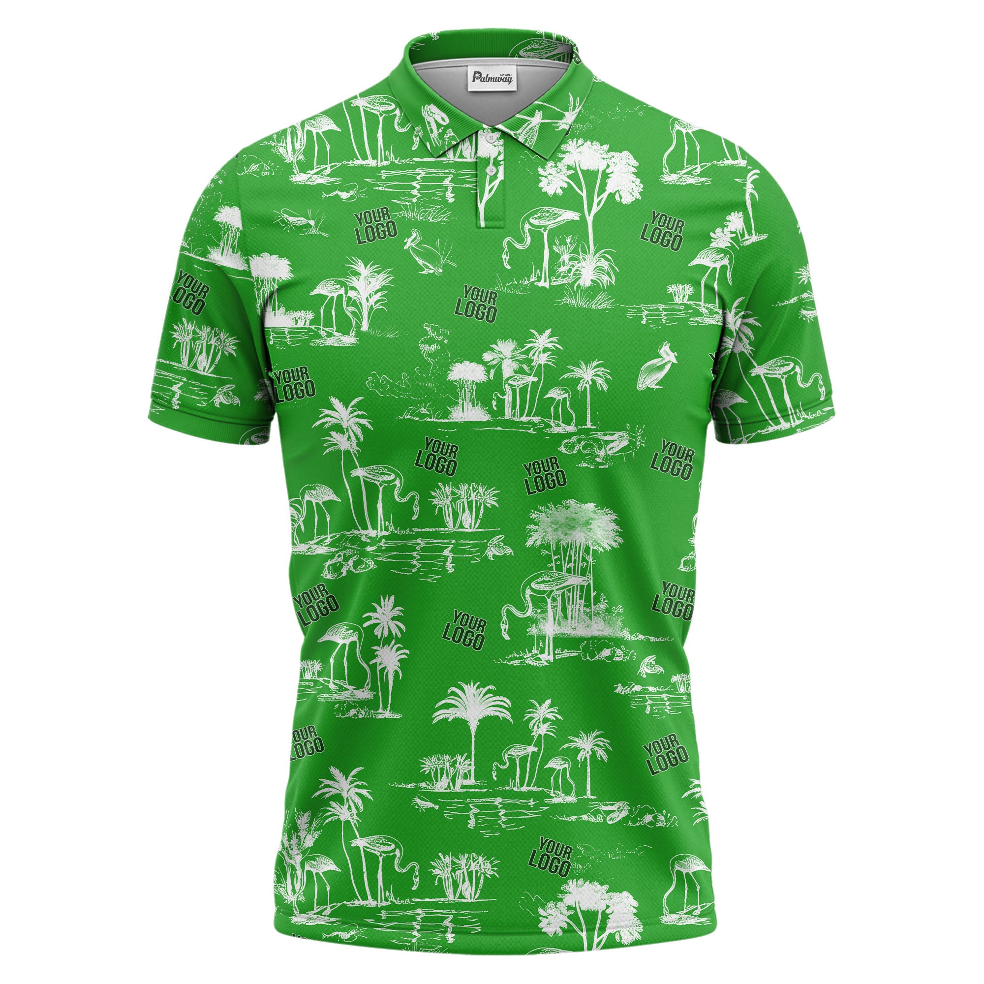 flamingo oasis palm trees sketch pattern black white polo shirt for men