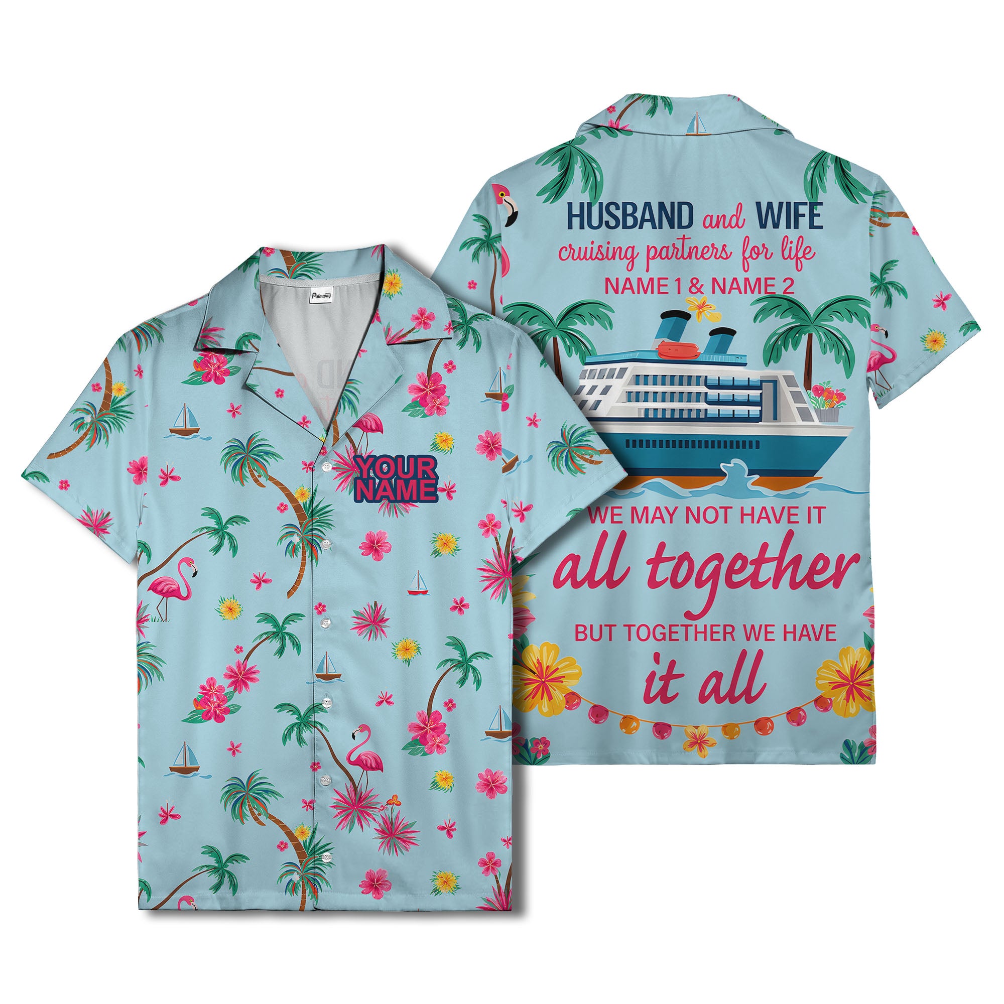 flamingo sailboat hibiscus palm watercolor hawaiian shirt