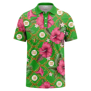 gold chain & pink hibiscus luxury illustrated polo shirt for men