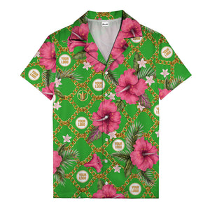 gold chain & pink hibiscus watercolor hawaiian shirt for men