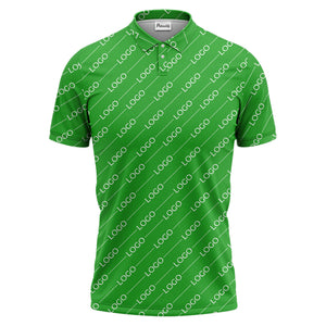 gold custom logo repeat pattern on black luxury minimalist polo shirt