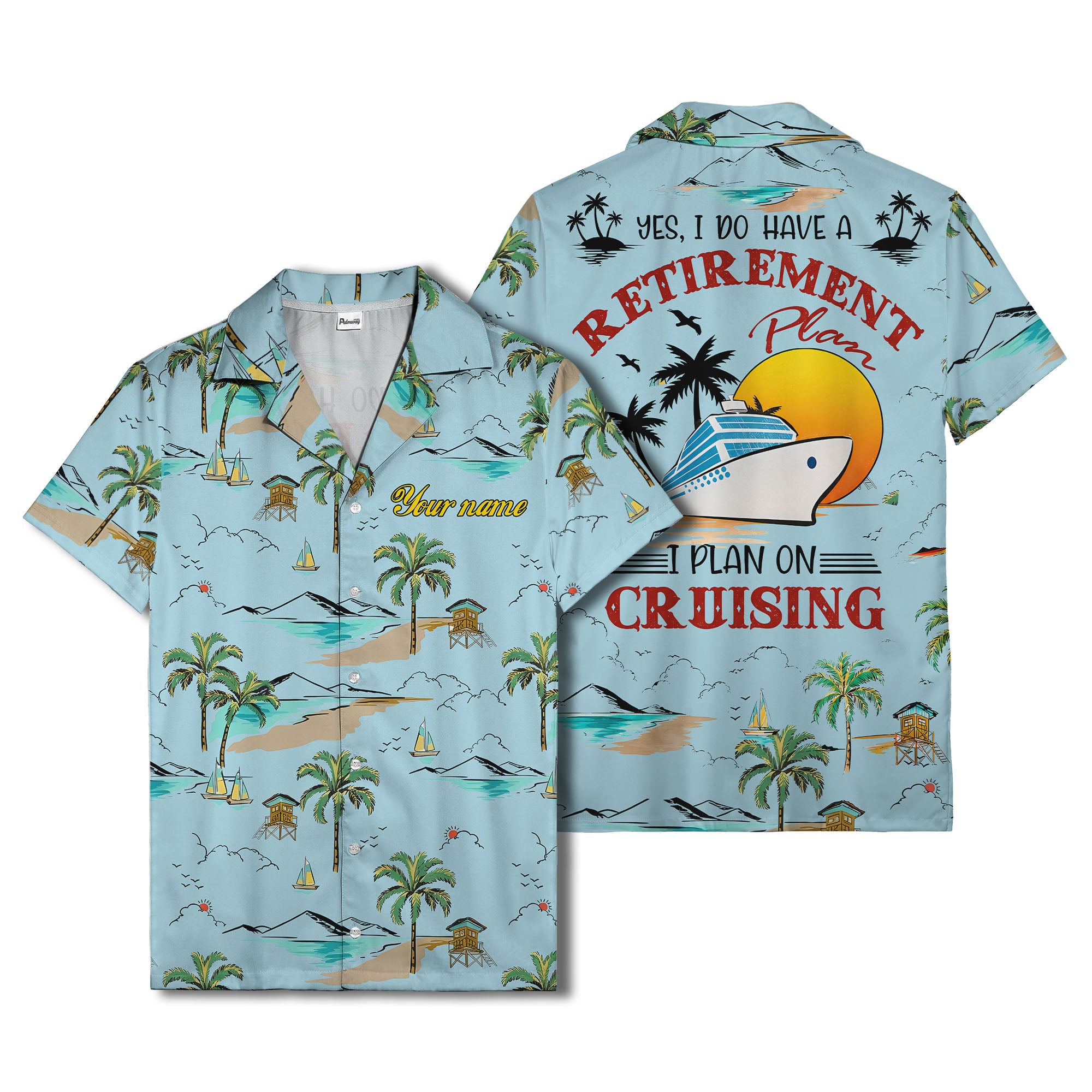 island paradise palm trees & sailboats sunset hawaiian shirt
