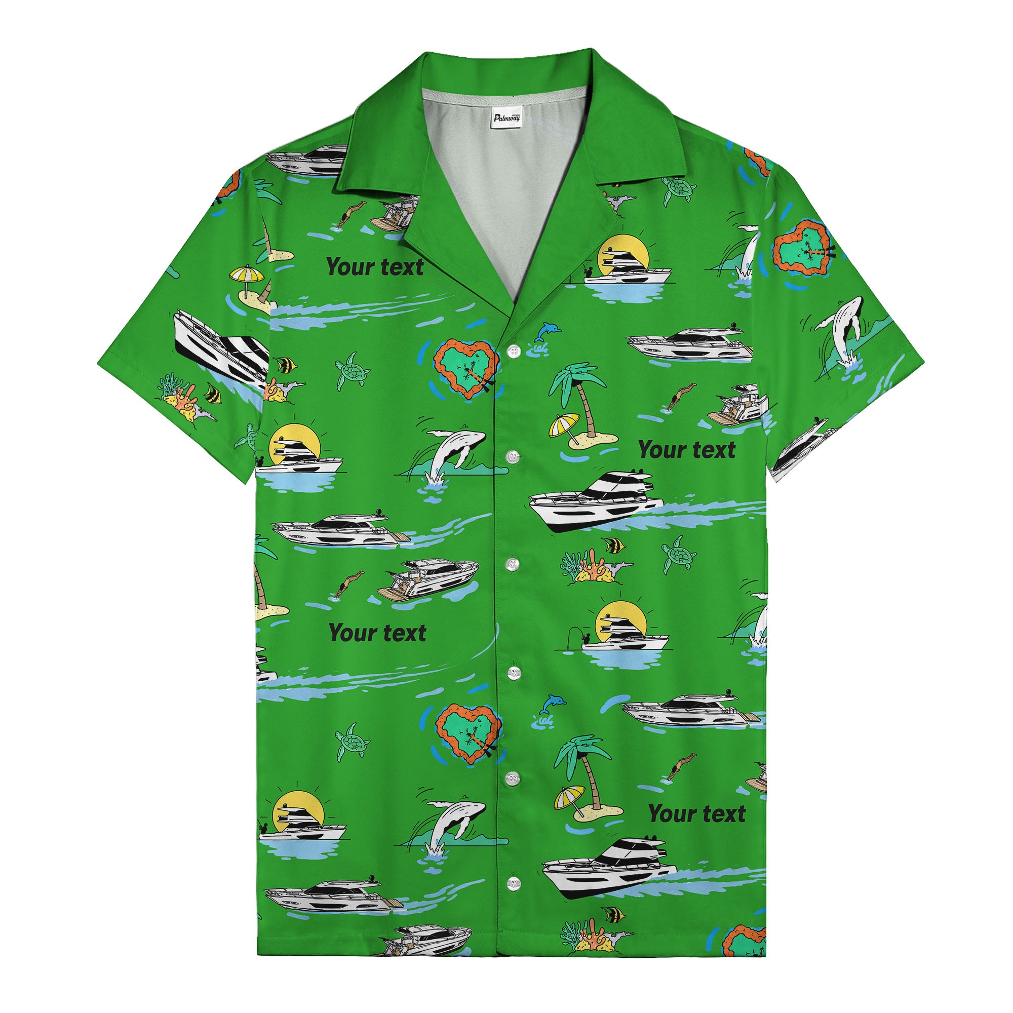 luxury yacht & heart-shaped island cartoon hawaiian shirt