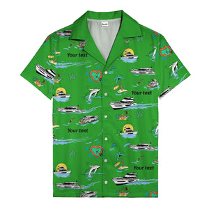 luxury yacht & heart-shaped island cartoon hawaiian shirt