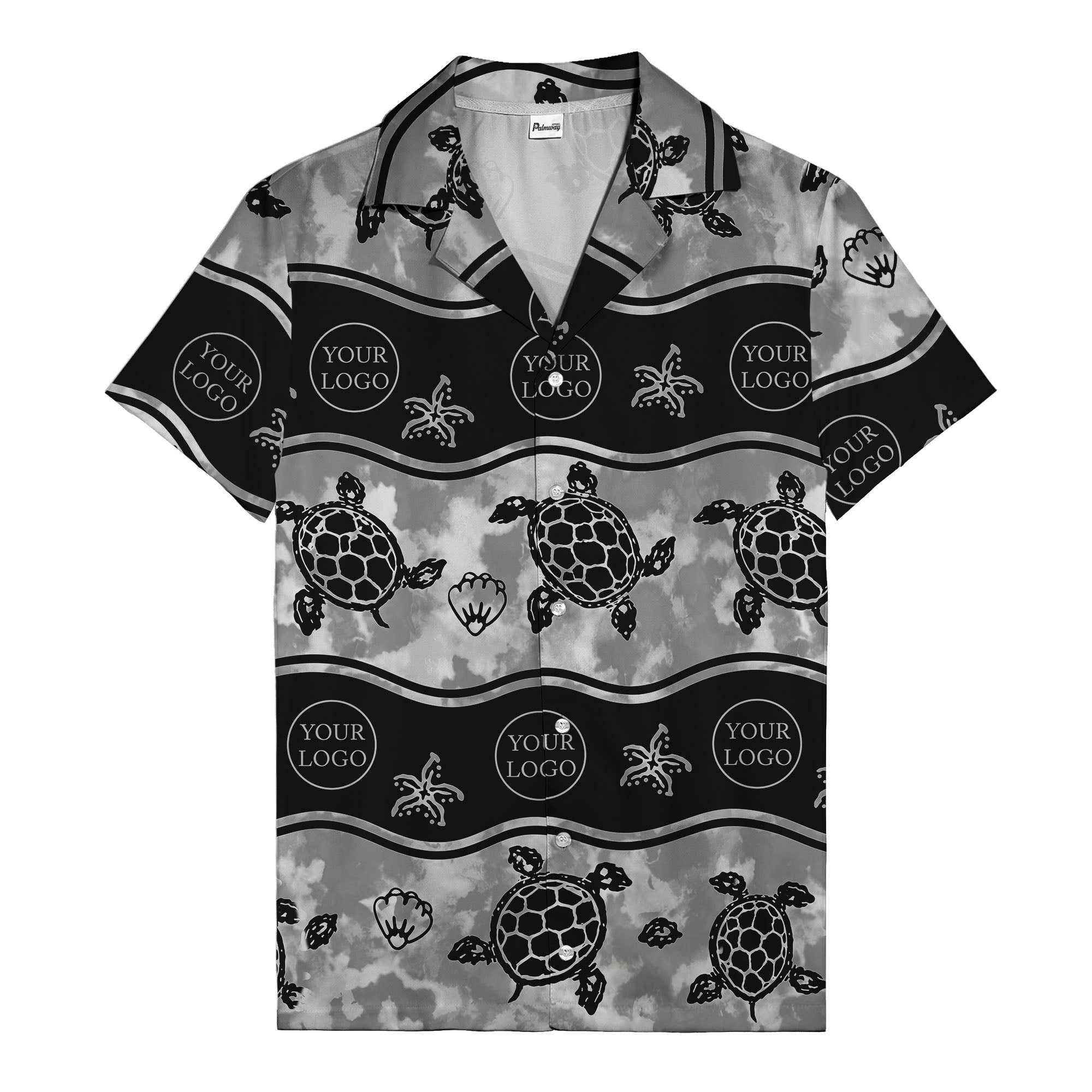 monochrome sea turtles & starfish repeat pattern hawaiian shirt for men