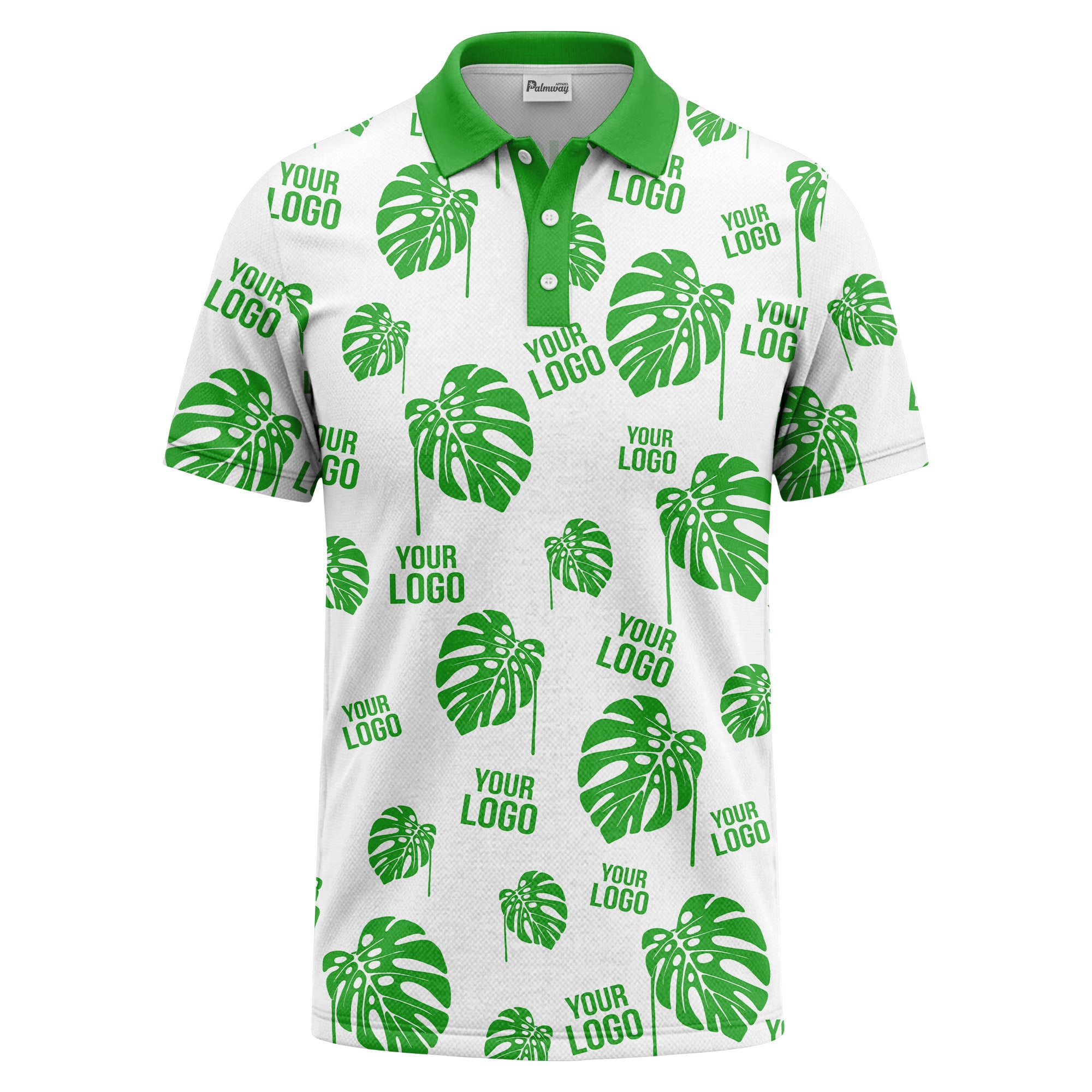 monstera leaves & custom logo repeat black white hawaiian polo shirt