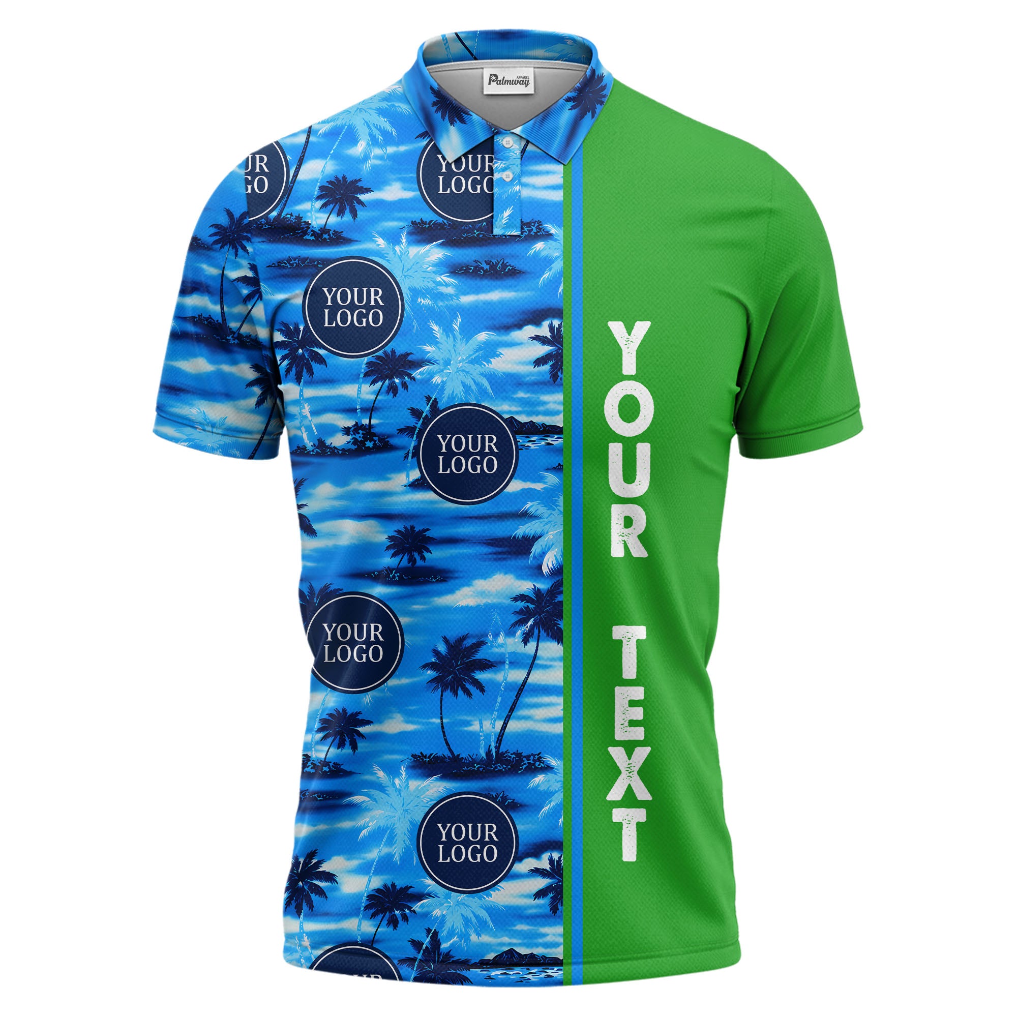 oceanic palm trees & circular logo repeat navy blue tropical beach polo shirt