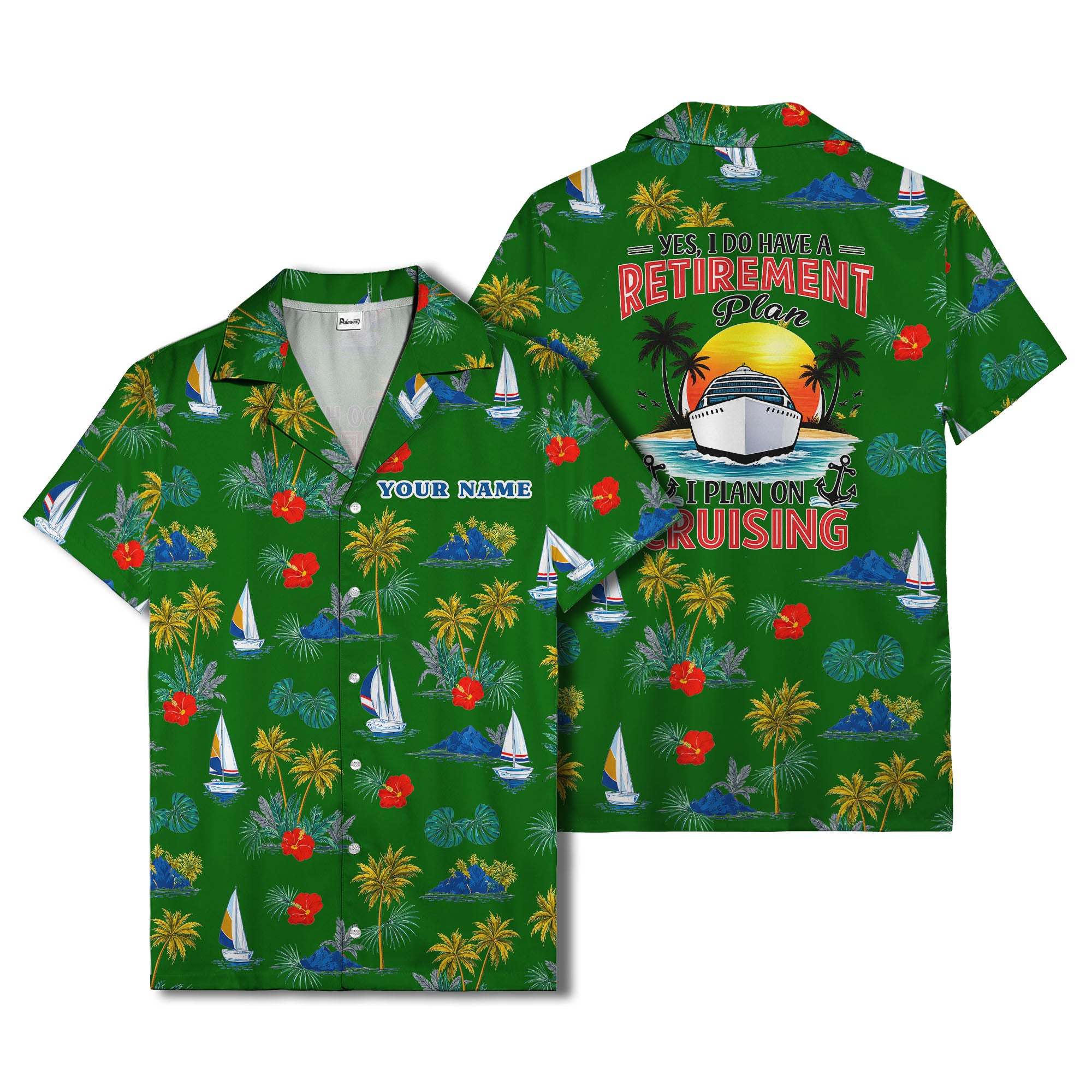 palm trees sailboats hibiscus island paradise hawaiian shirt