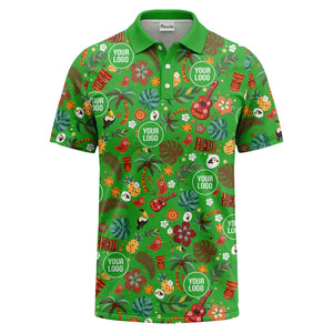 tiki masks palm trees ukuleles watercolor print polo shirt for men