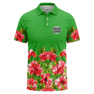 watercolor hibiscus & emerald leaf tropical polo shirt for men