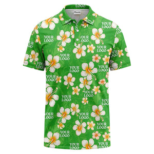 watercolor hibiscus & plumeria black aloha polo shirt for men
