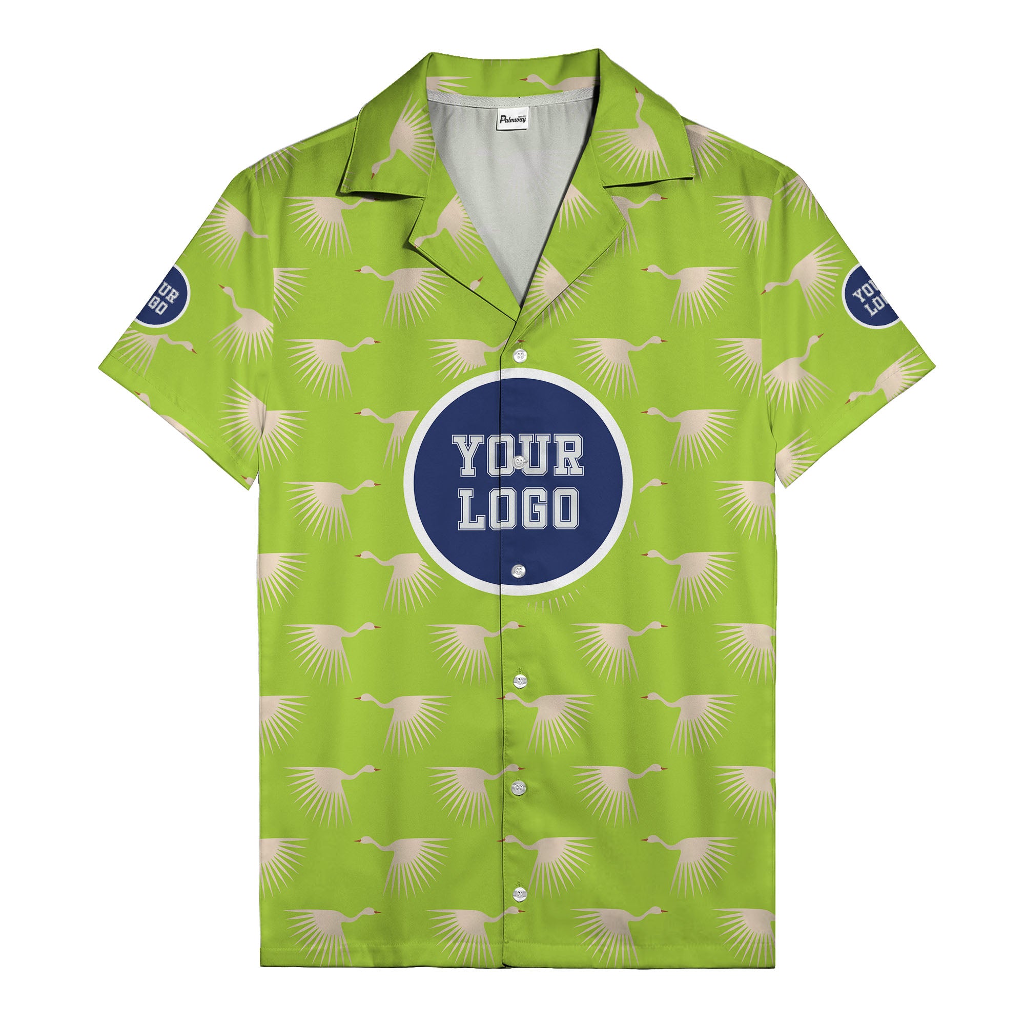 art deco crane silhouette logo beige navy hawaiian shirt