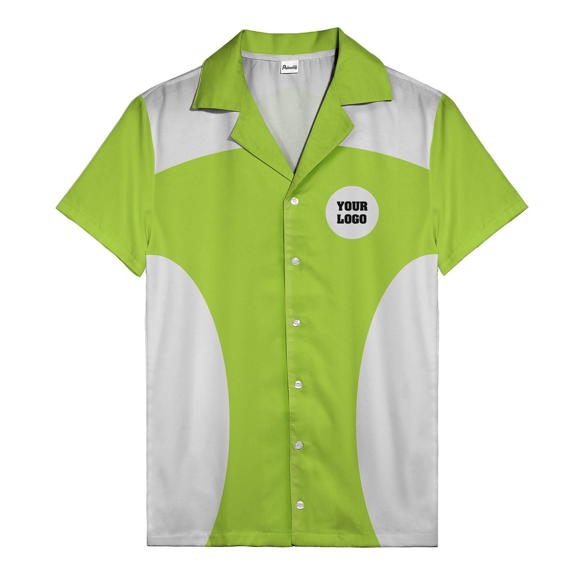 black silver geometric bowling hawaiian shirt with custom logo patch