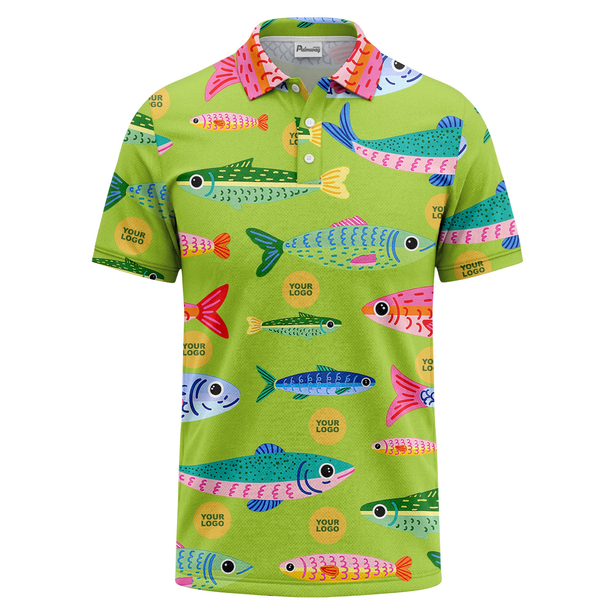 colorful cartoon fish & custom logo repeat all-over print polo shirt