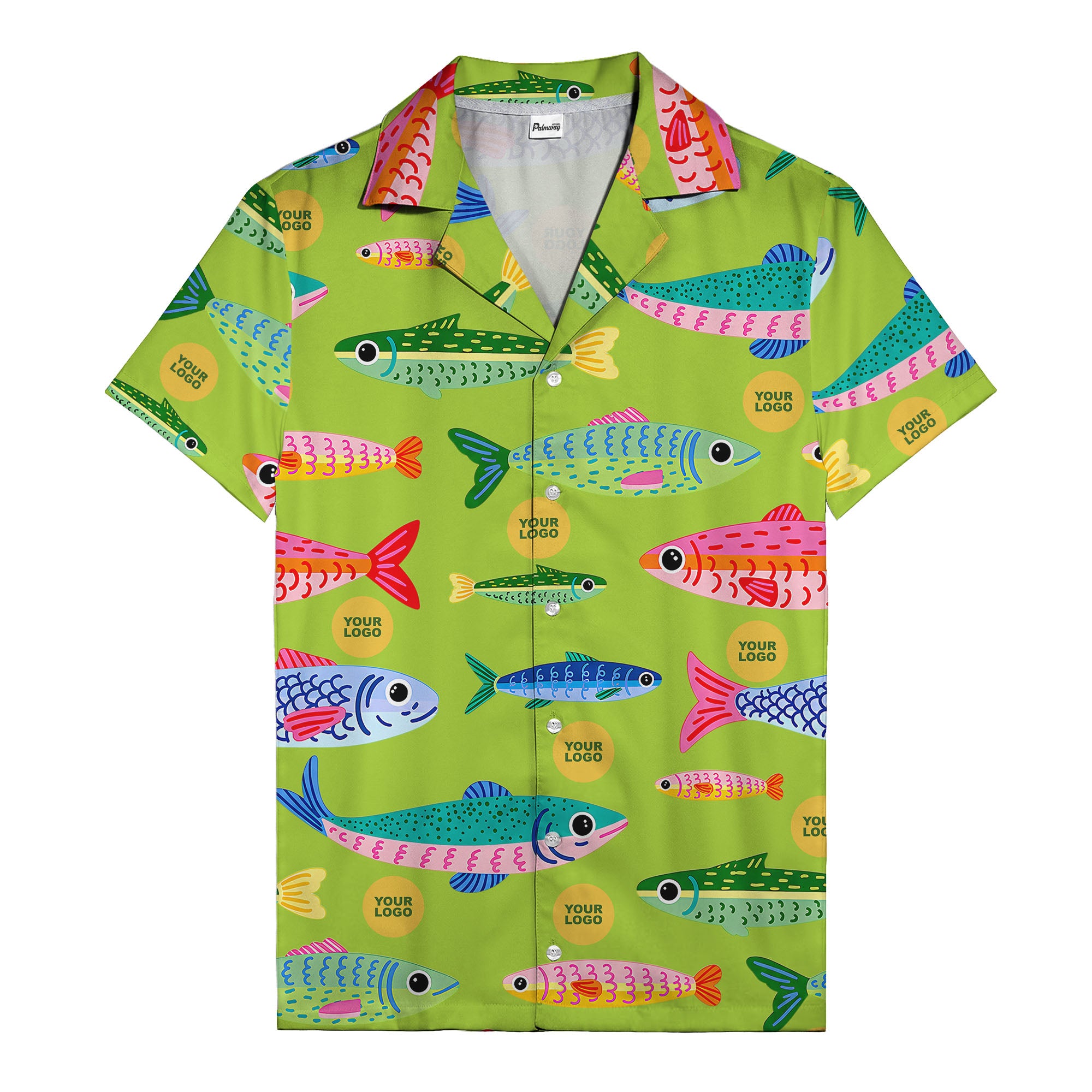 colorful cartoon fish & gold circle logo hawaiian shirt for men