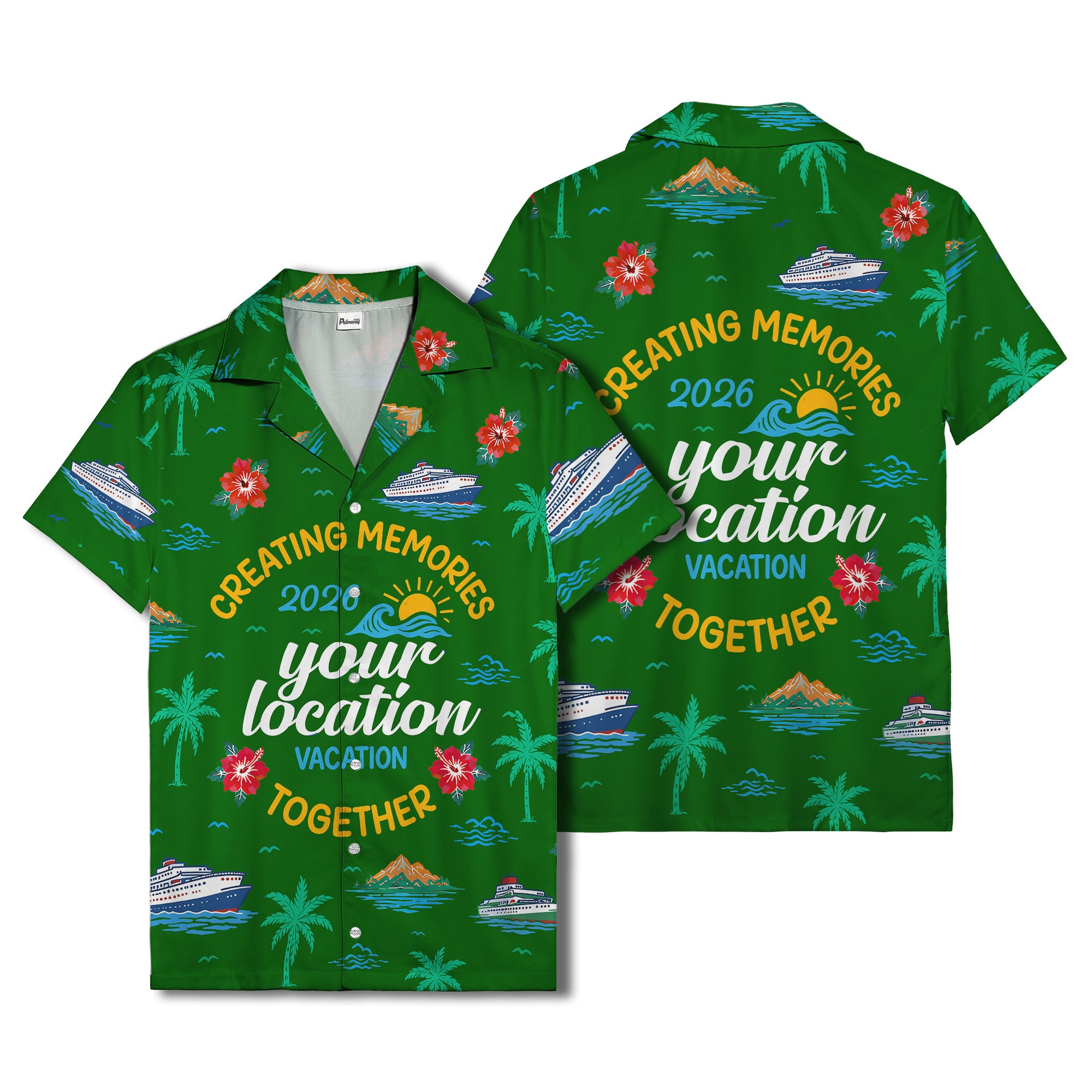 cruise ship & palm fronds watercolor vacation memories hawaiian shirt