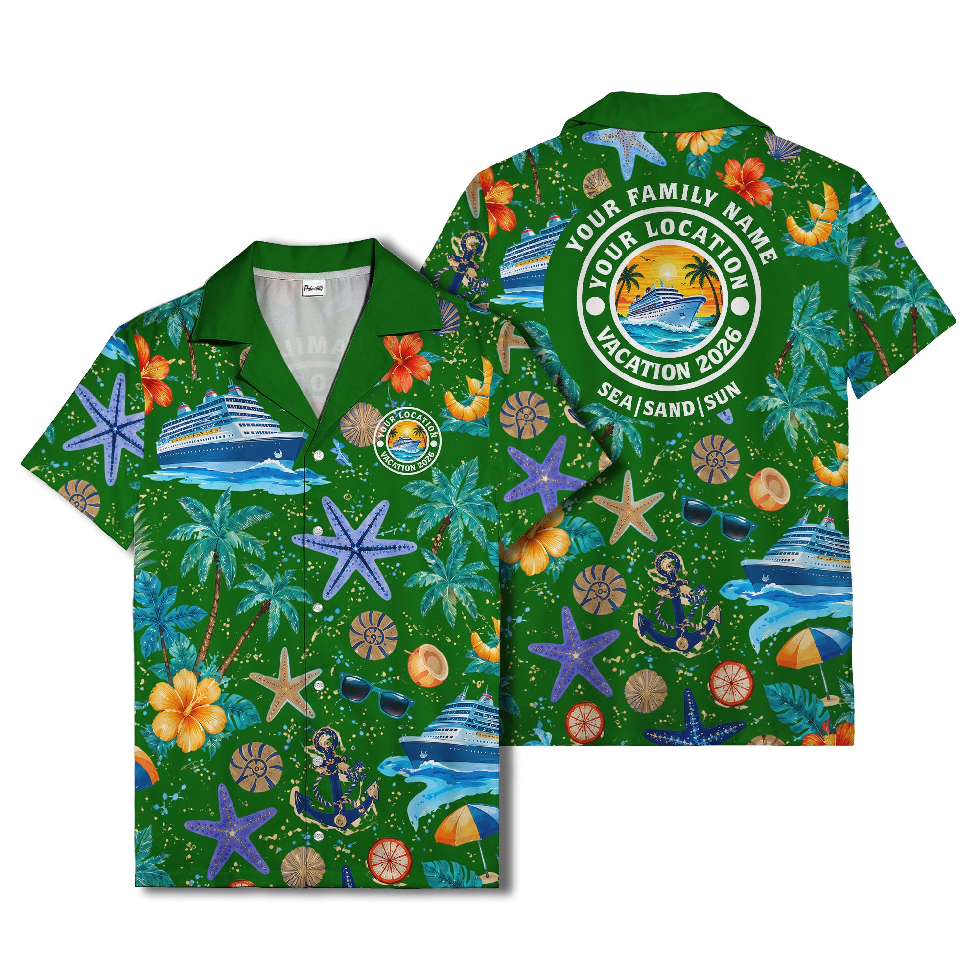 cruise ship palm trees starfish watercolor hawaiian shirt
