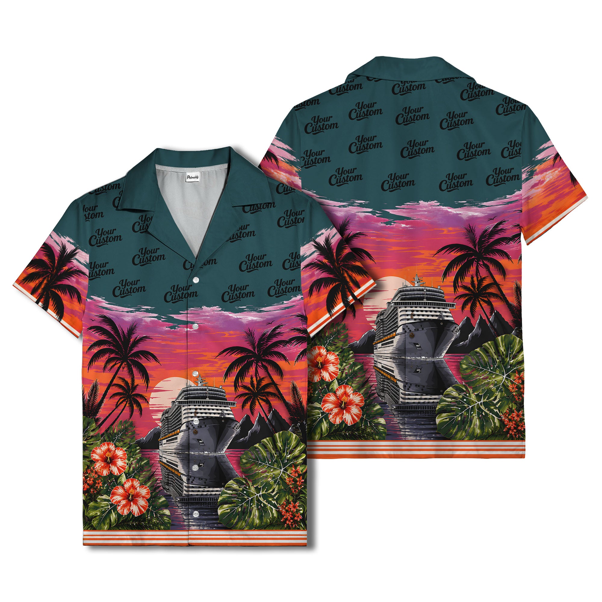 cruise ship sunset palm trees hibiscus flowers hawaiian shirt for men
