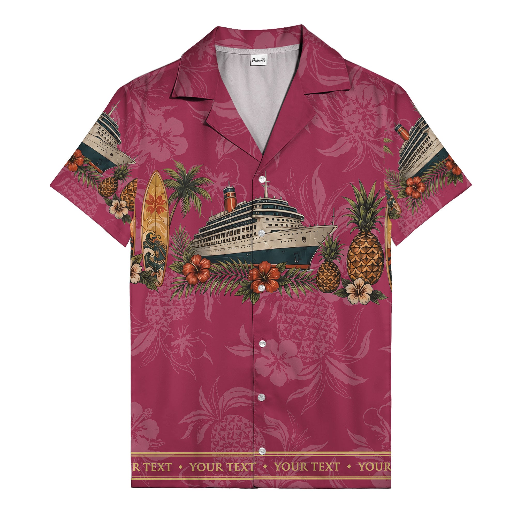 cruise ship surfboard pineapple palm hibiscus hawaiian shirt