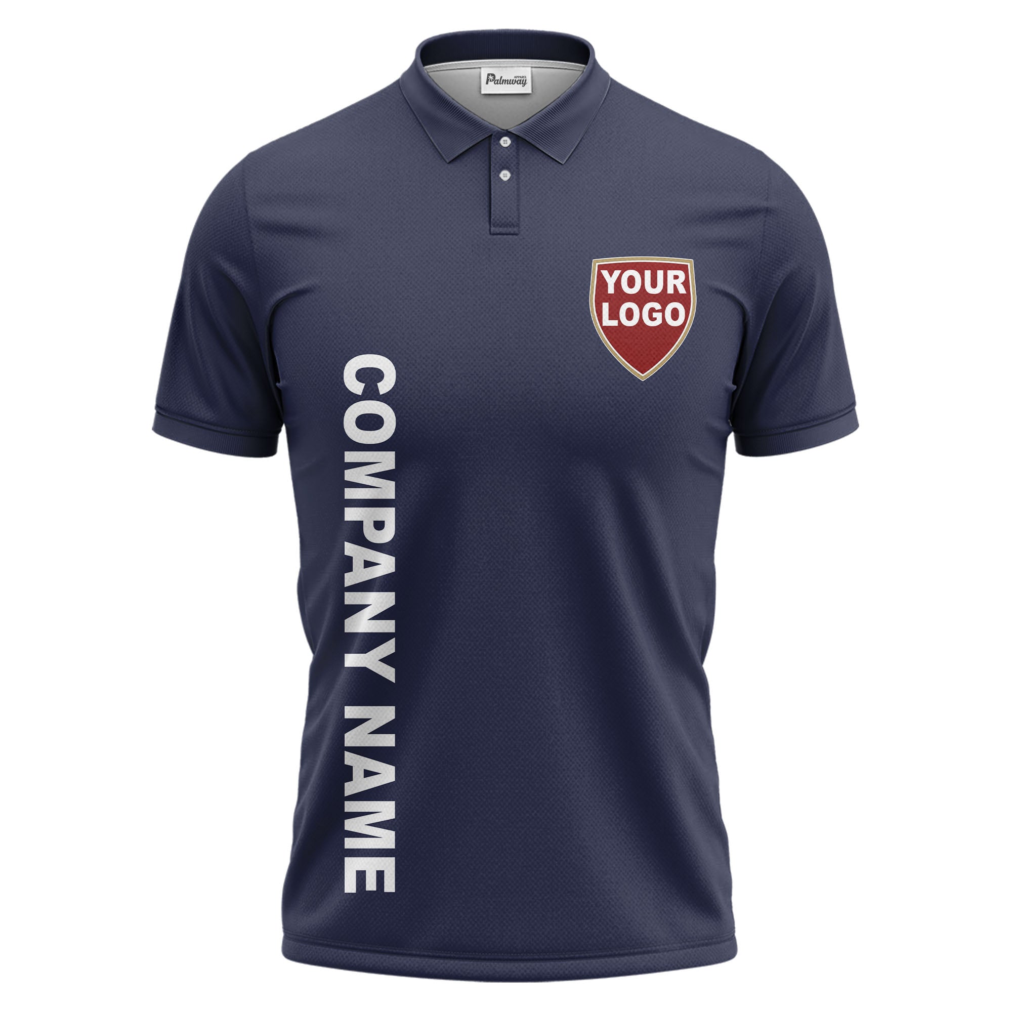 custom shield logo vertical text corporate branded polo shirt
