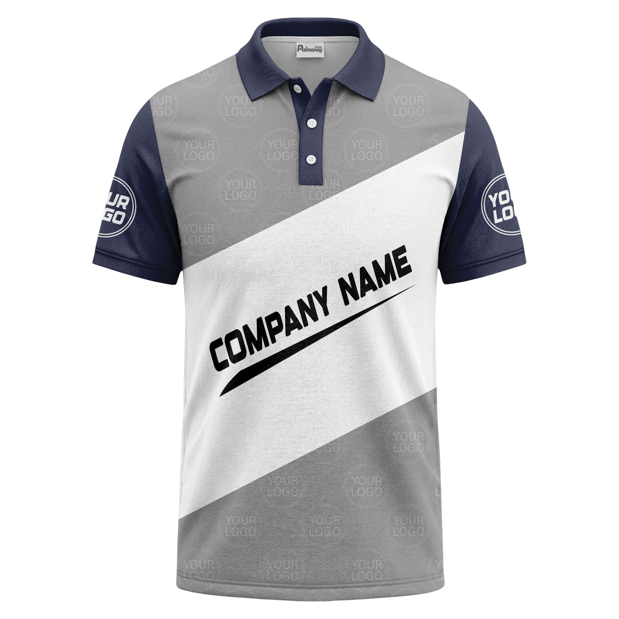diagonal stripe monogram logo gray white black corporate polo shirt