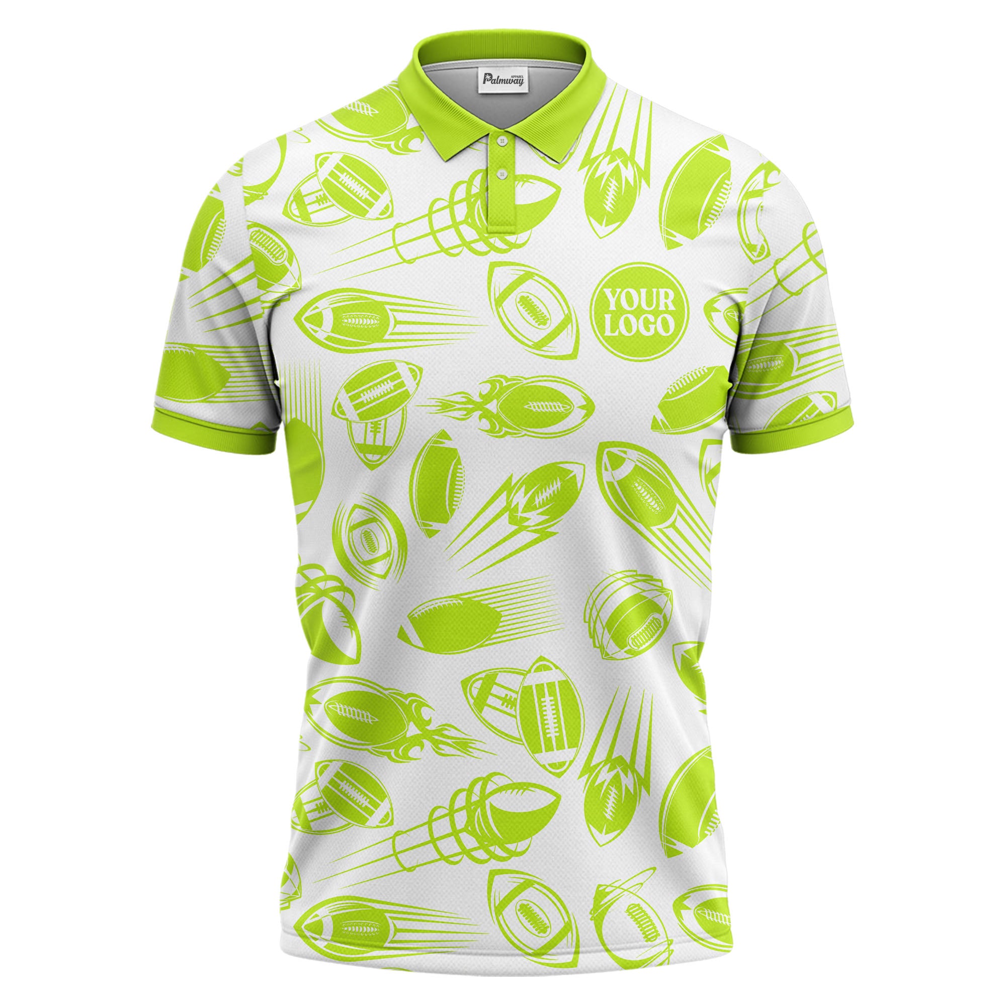 dynamic footballs & speed lines graphic black white sports polo shirt