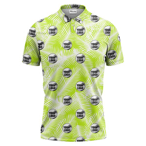 illustrated palm leaf logo repeating tropical polo shirt for men