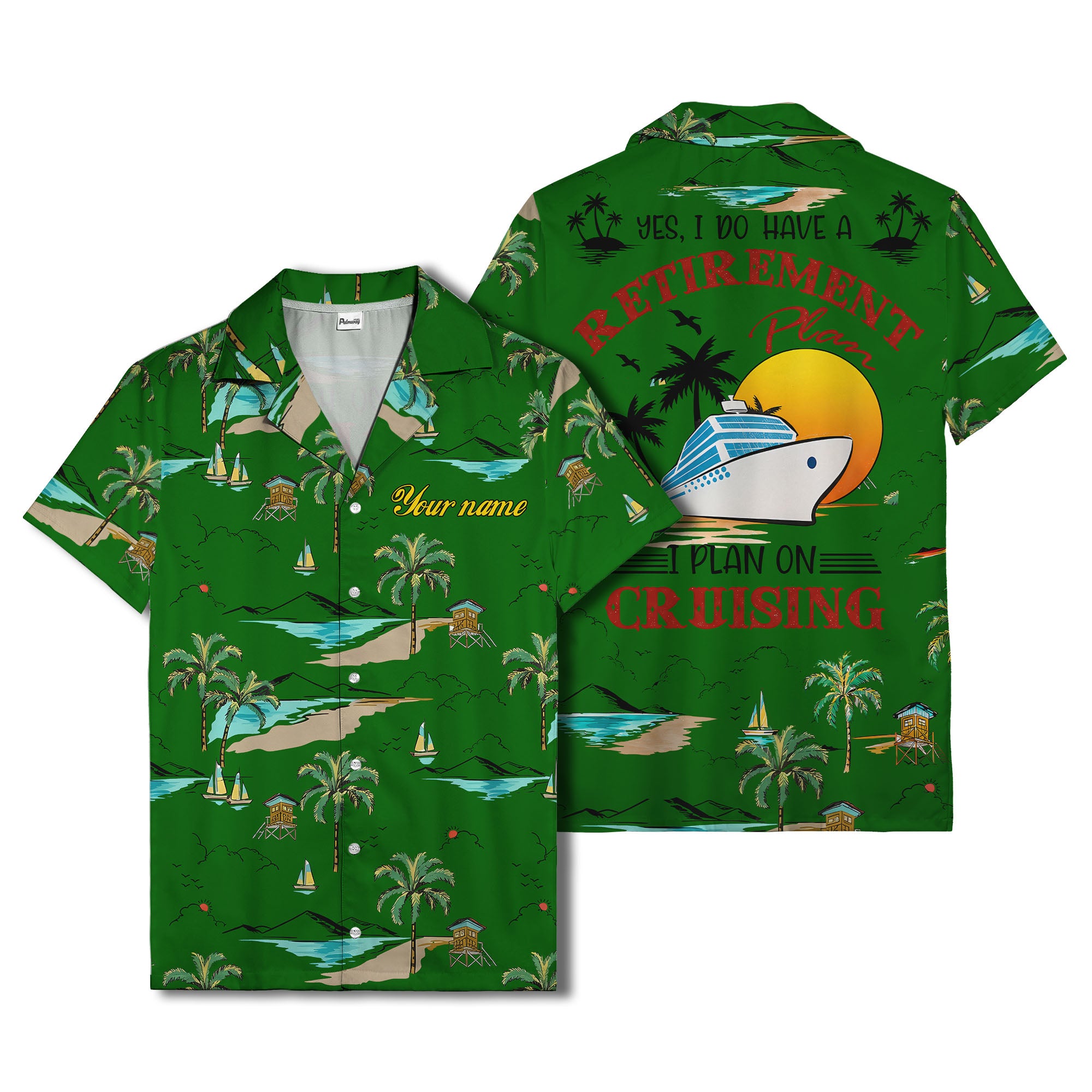 island paradise palm trees & sailboats sunset hawaiian shirt