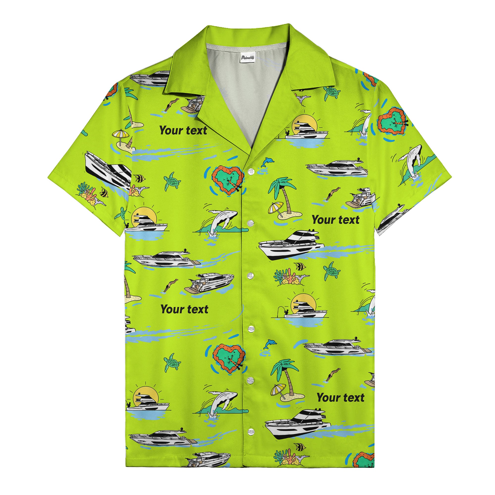 luxury yacht & heart-shaped island cartoon hawaiian shirt