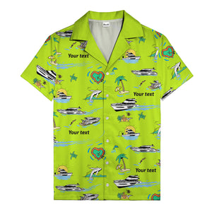 luxury yacht & heart-shaped island cartoon hawaiian shirt