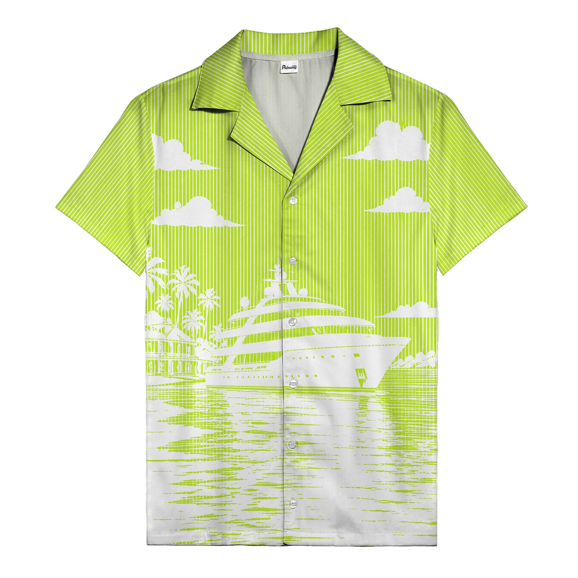 luxury yacht & palm trees tropical beach scene hawaiian shirt