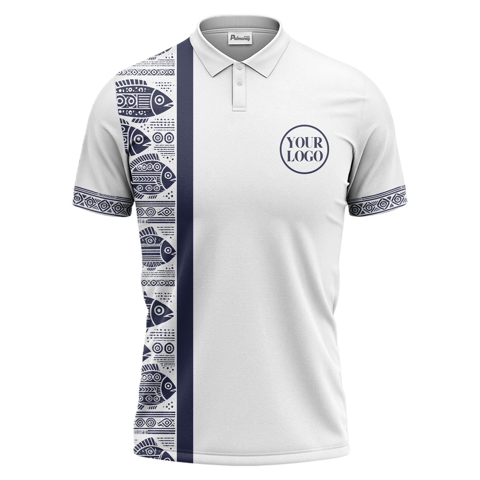 monochrome tribal fish & geometric borders patterned polo shirt for men