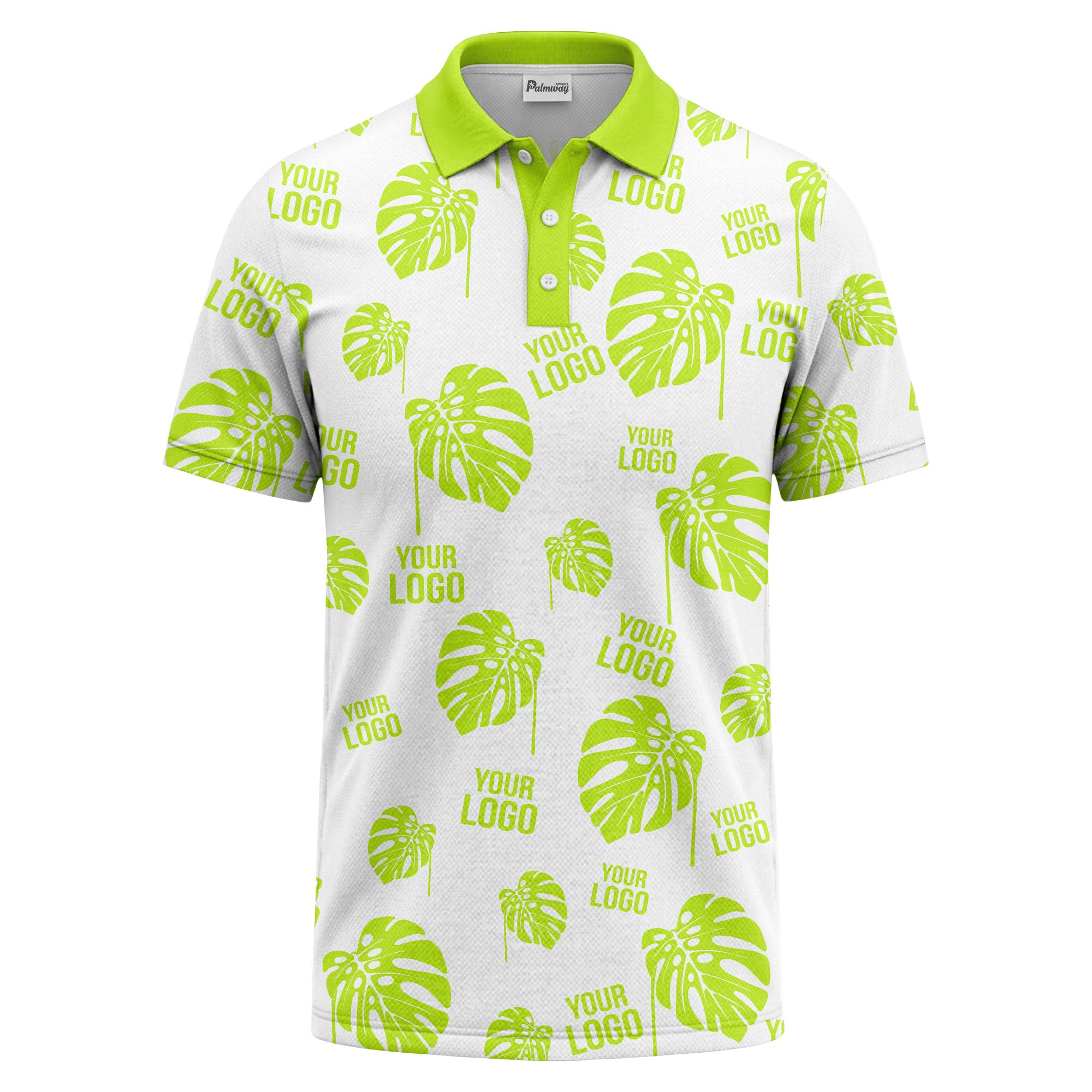 monstera leaves & custom logo repeat black white hawaiian polo shirt