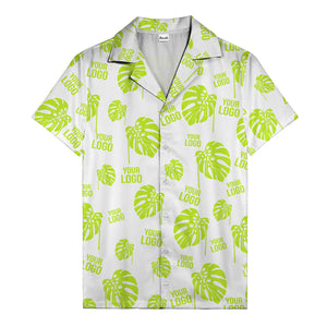 monstera leaves & custom logo repeat black white hawaiian shirt