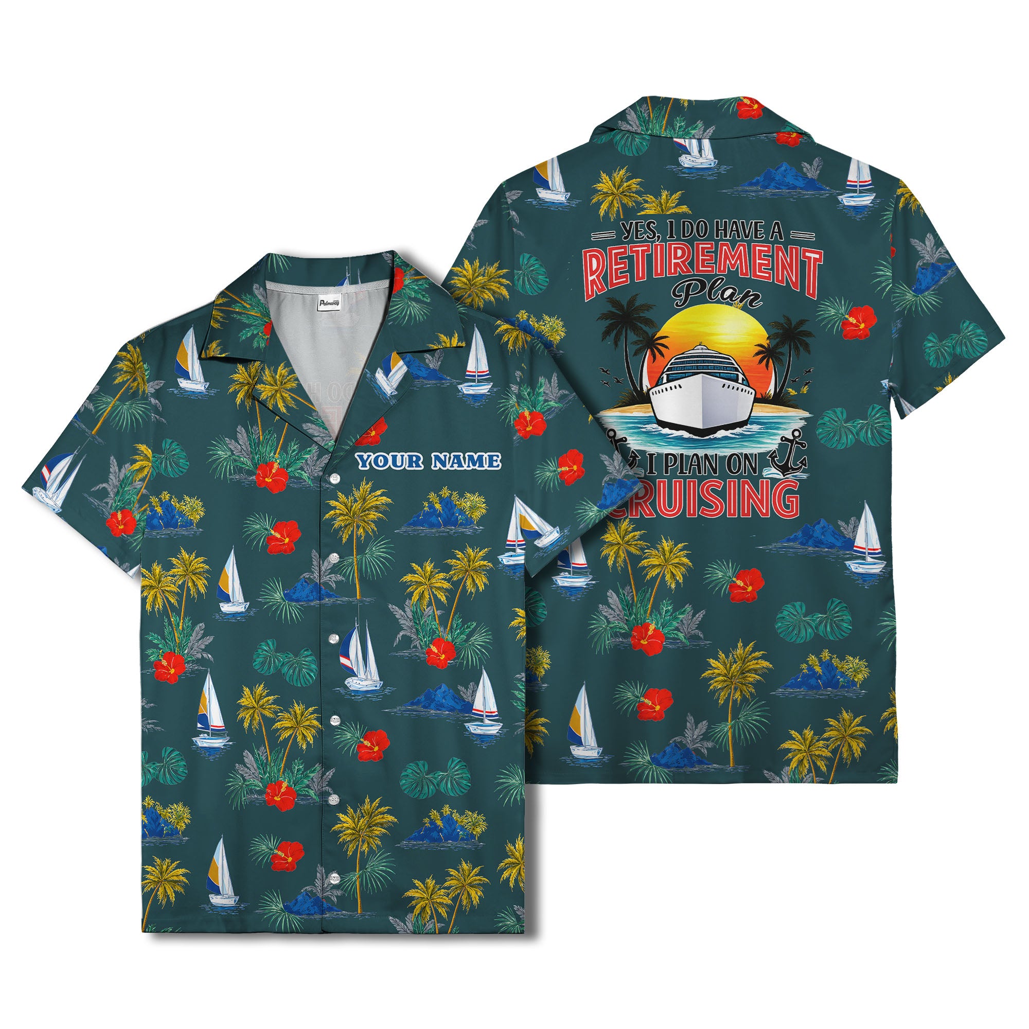 palm trees sailboats hibiscus island paradise hawaiian shirt