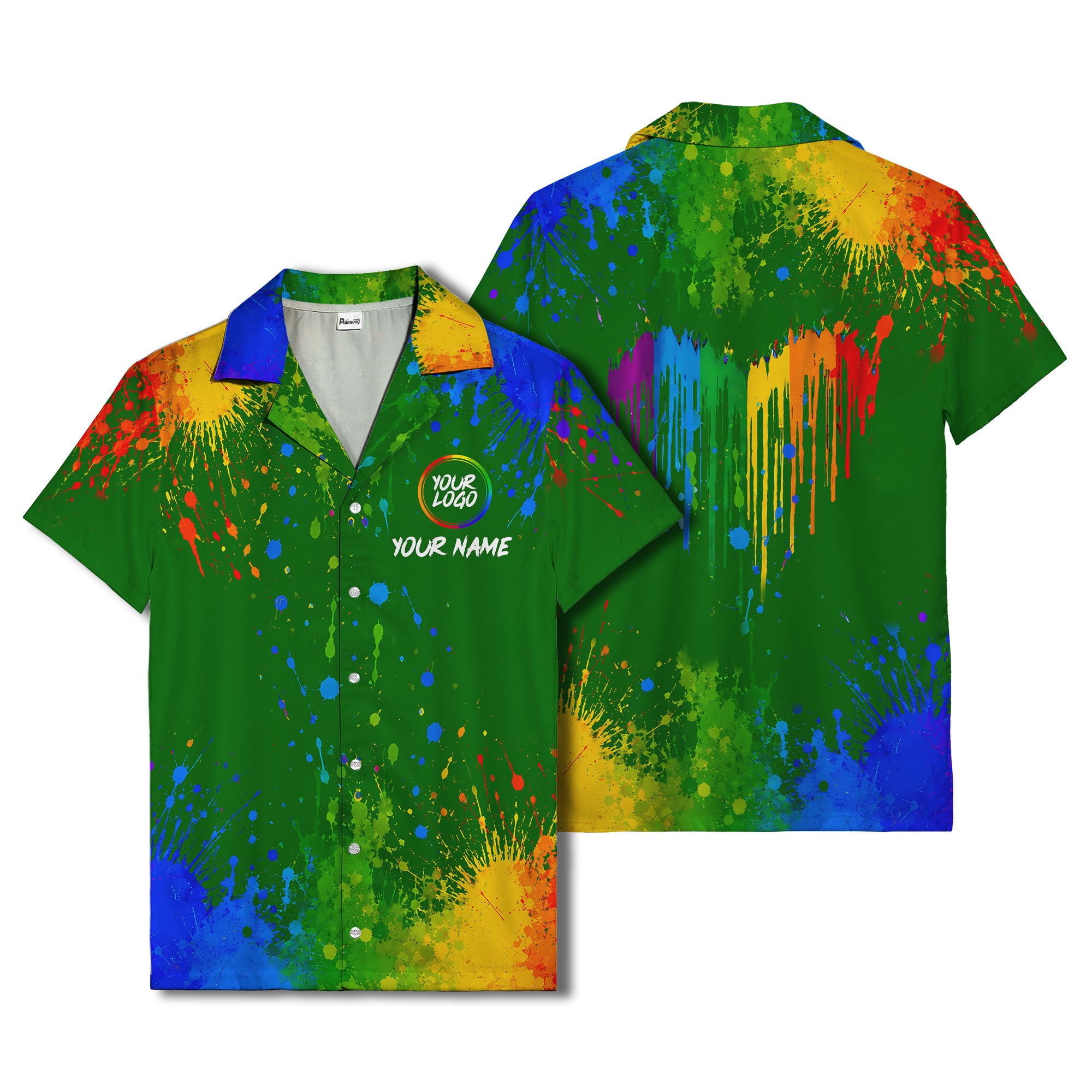 rainbow paint splatter abstract art hawaiian shirt with customizable name