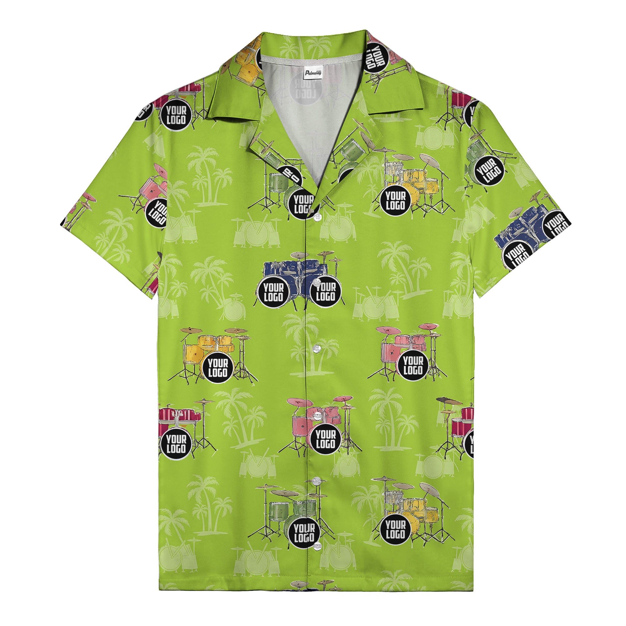 rockin' drum kits & palm trees repeat hawaiian shirt for musicians