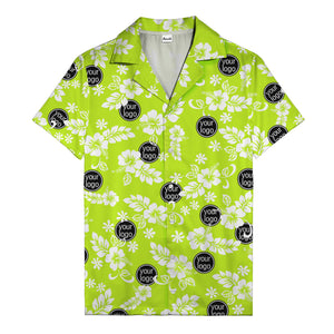 watercolor hibiscus blooms & custom logo navy blue hawaiian shirt