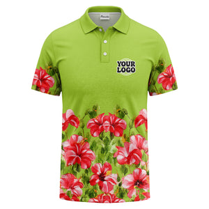 watercolor hibiscus & emerald leaf tropical polo shirt for men