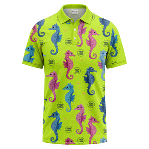 watercolor seahorse repeat marine life polo shirt in pink blue