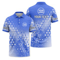 Custom Blue Hexagon Geometric Honeycomb Print Short Sleeve Polo Shirt - Personalized Name & Logo Athletic Golf Polo